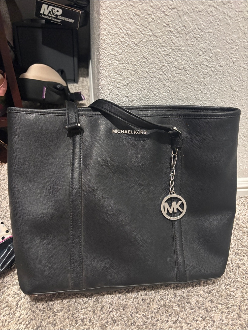 Michael Kors Black Leather Tote with MK Charm